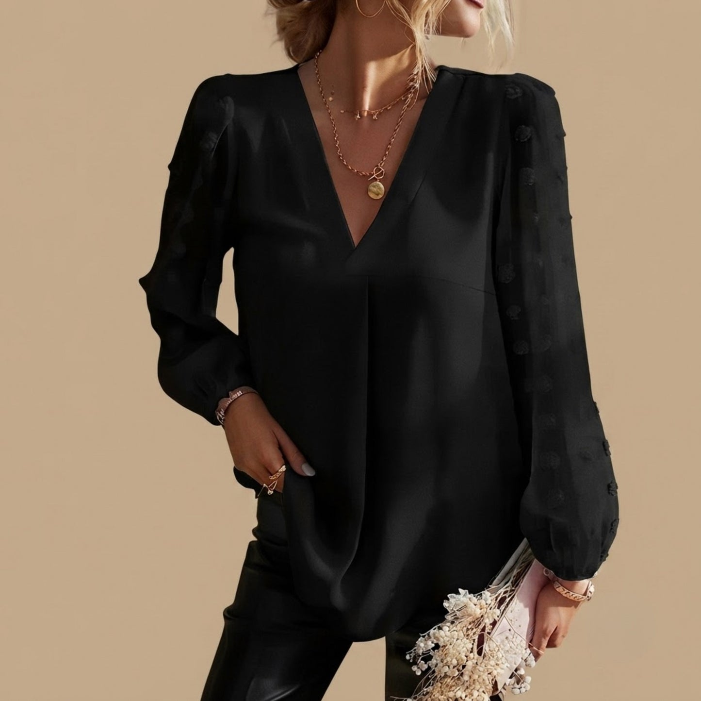 V-Neck Mesh Sleeve Blouse