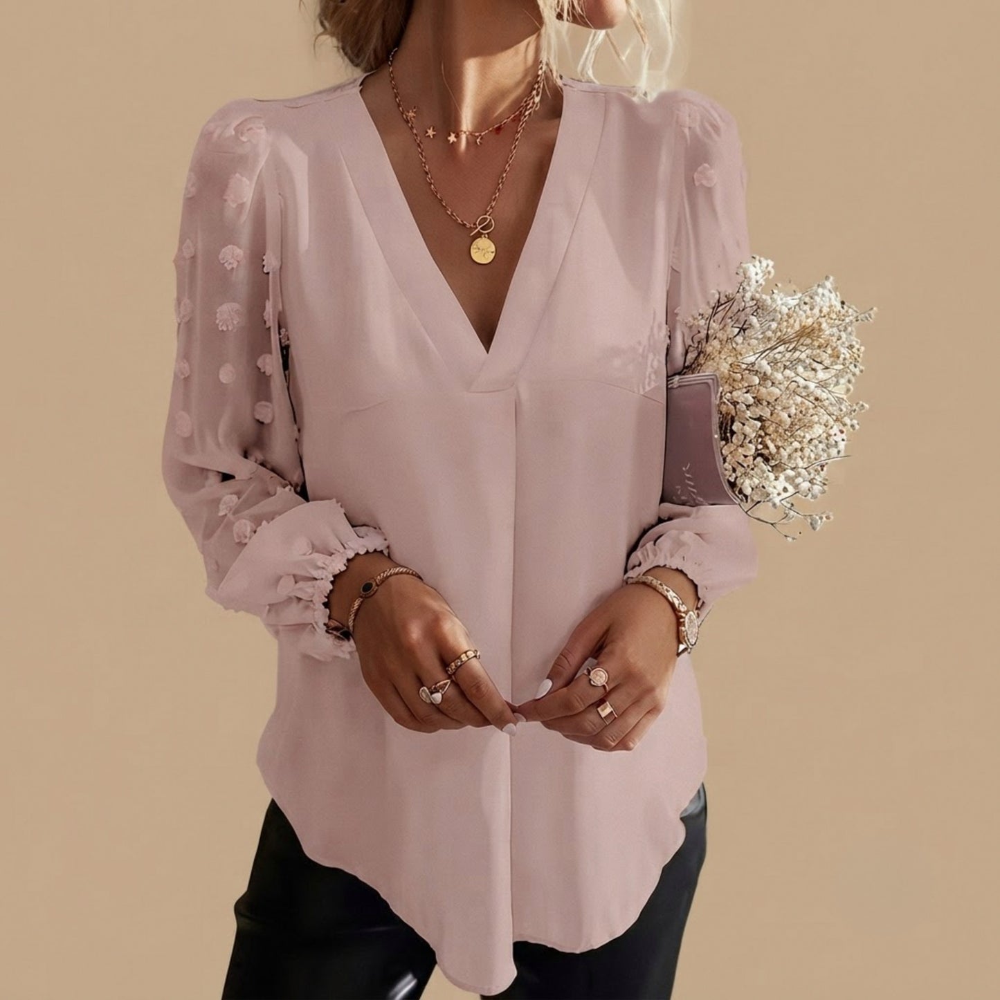 V-Neck Mesh Sleeve Blouse