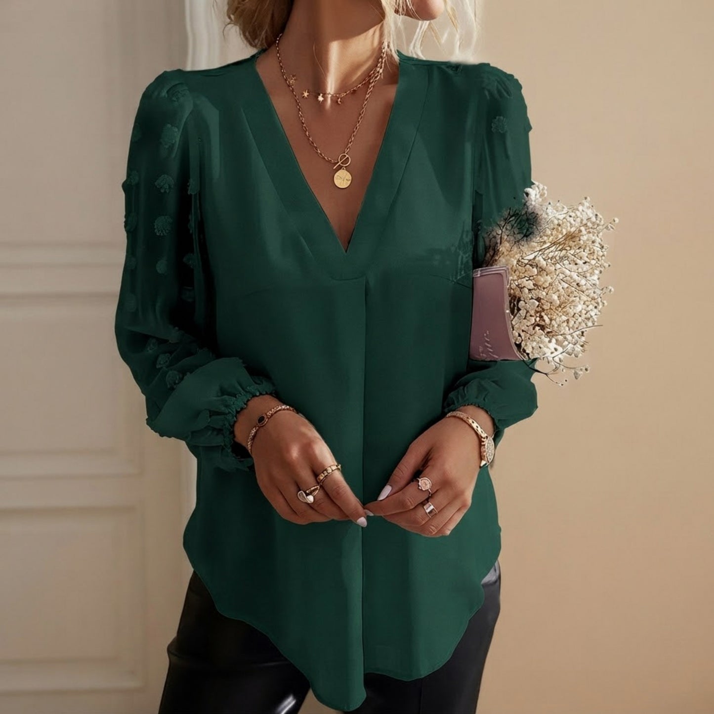 V-Neck Mesh Sleeve Blouse