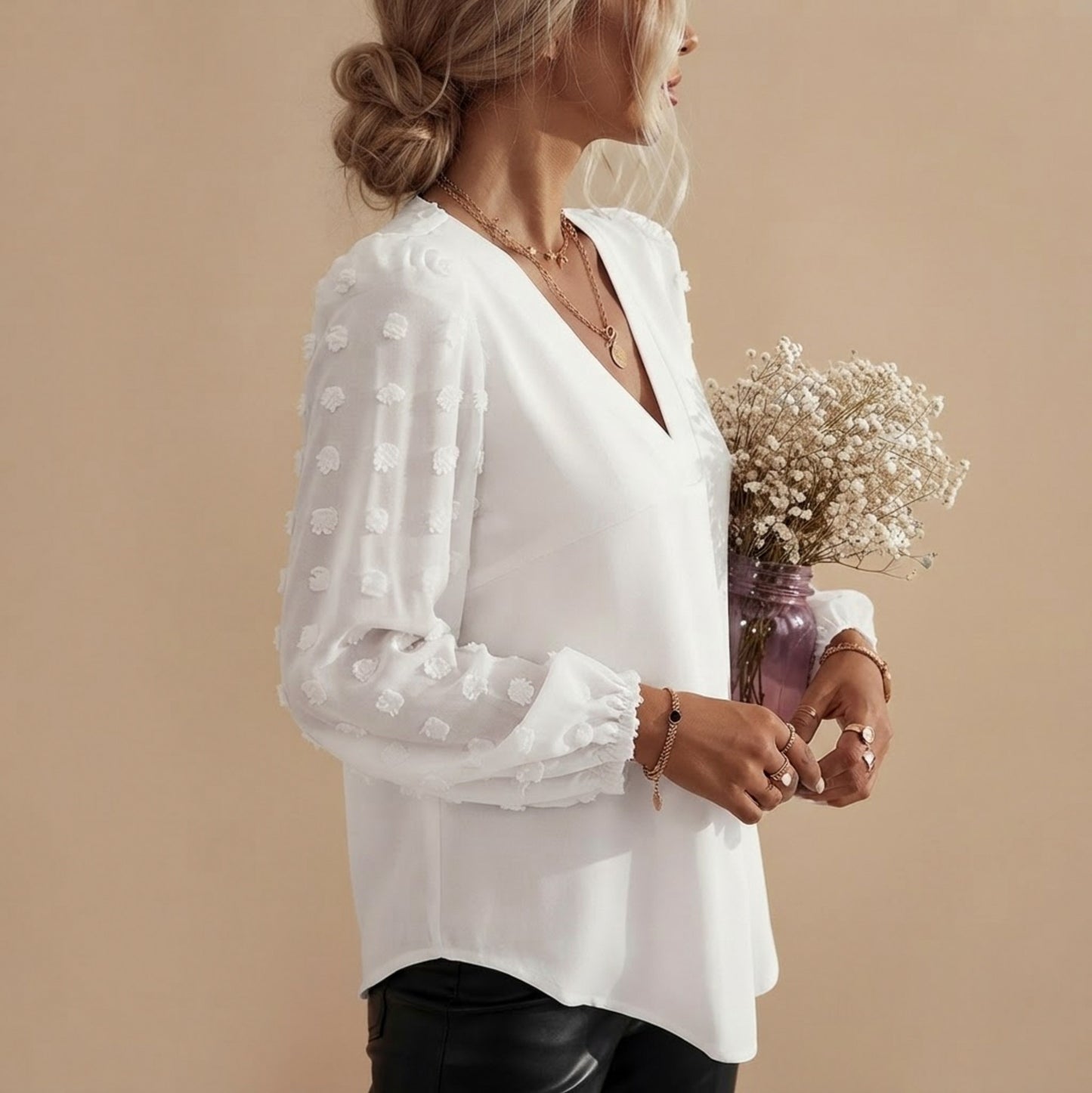 V-Neck Mesh Sleeve Blouse