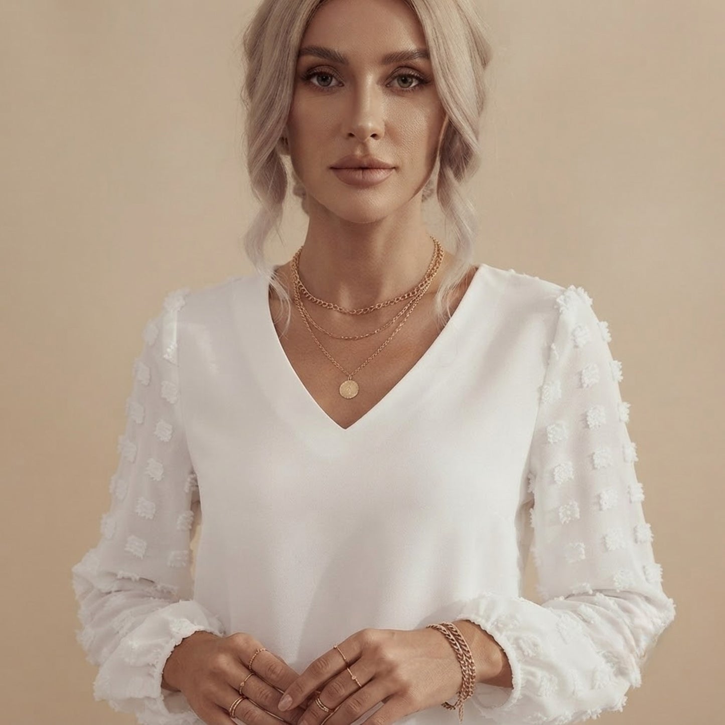 V-Neck Mesh Sleeve Blouse