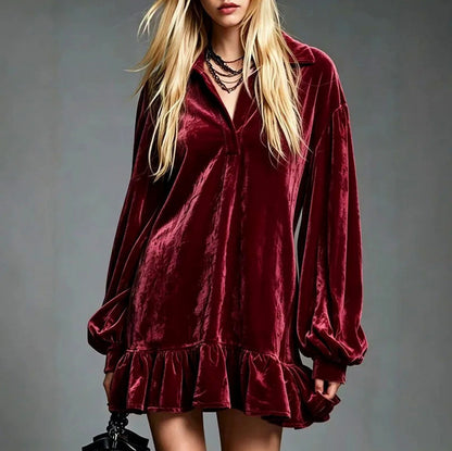 Velvet Balloon Sleeve Ruffle Mini Dress