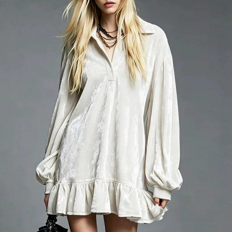 Velvet Balloon Sleeve Ruffle Mini Dress