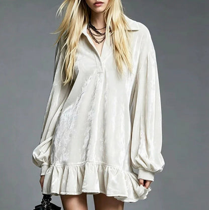 Velvet Balloon Sleeve Ruffle Mini Dress