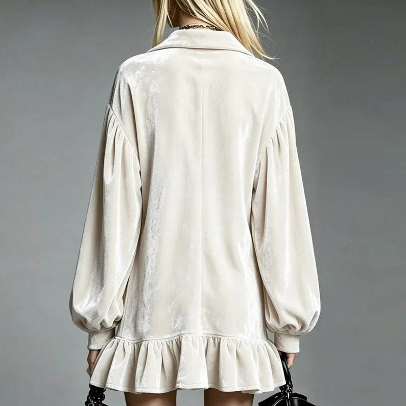 Velvet Balloon Sleeve Ruffle Mini Dress