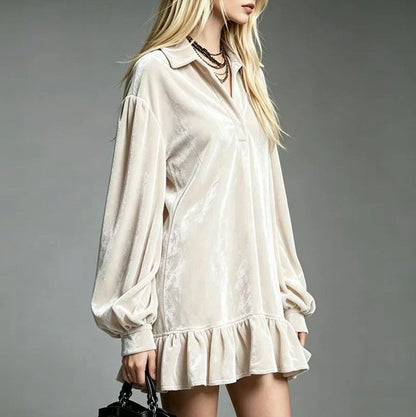 Velvet Balloon Sleeve Ruffle Mini Dress