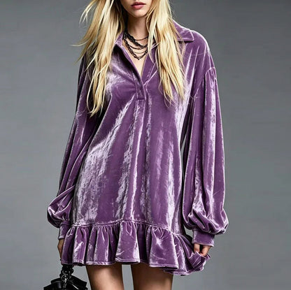Velvet Balloon Sleeve Ruffle Mini Dress