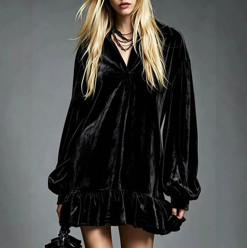 Velvet Balloon Sleeve Ruffle Mini Dress