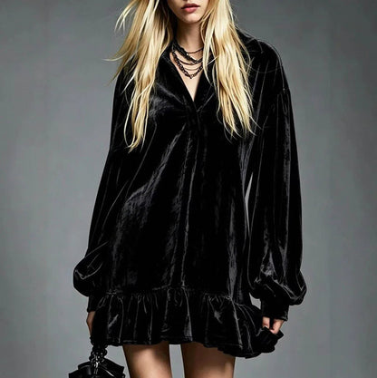 Velvet Balloon Sleeve Ruffle Mini Dress