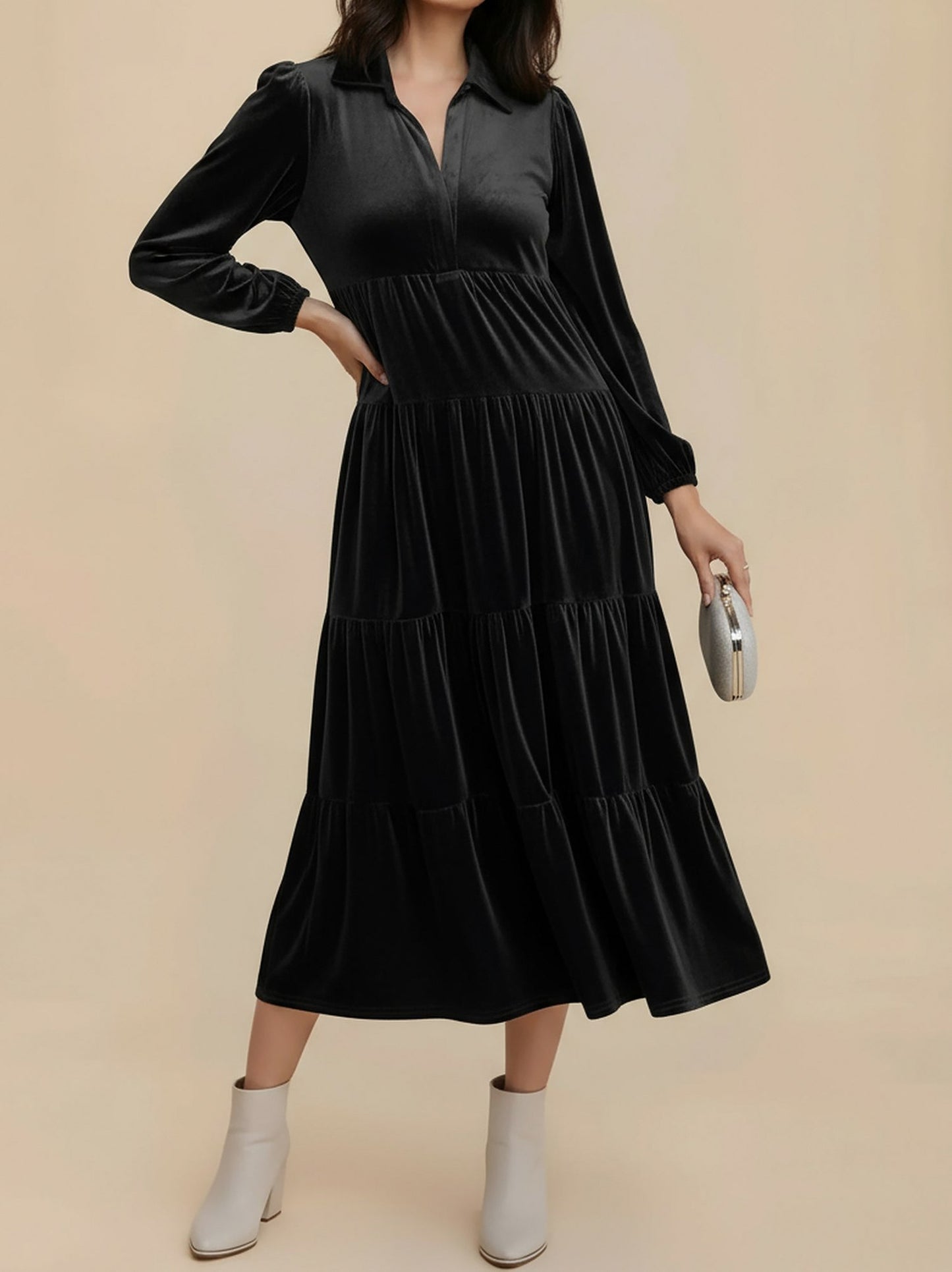 Velvet Collared Tiered Maxi Dress