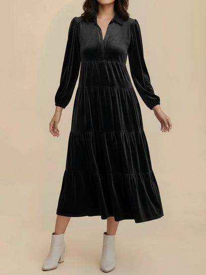 Velvet Collared Tiered Maxi Dress