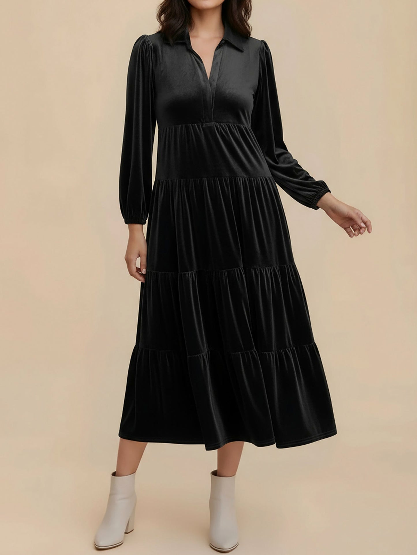 Velvet Collared Tiered Maxi Dress