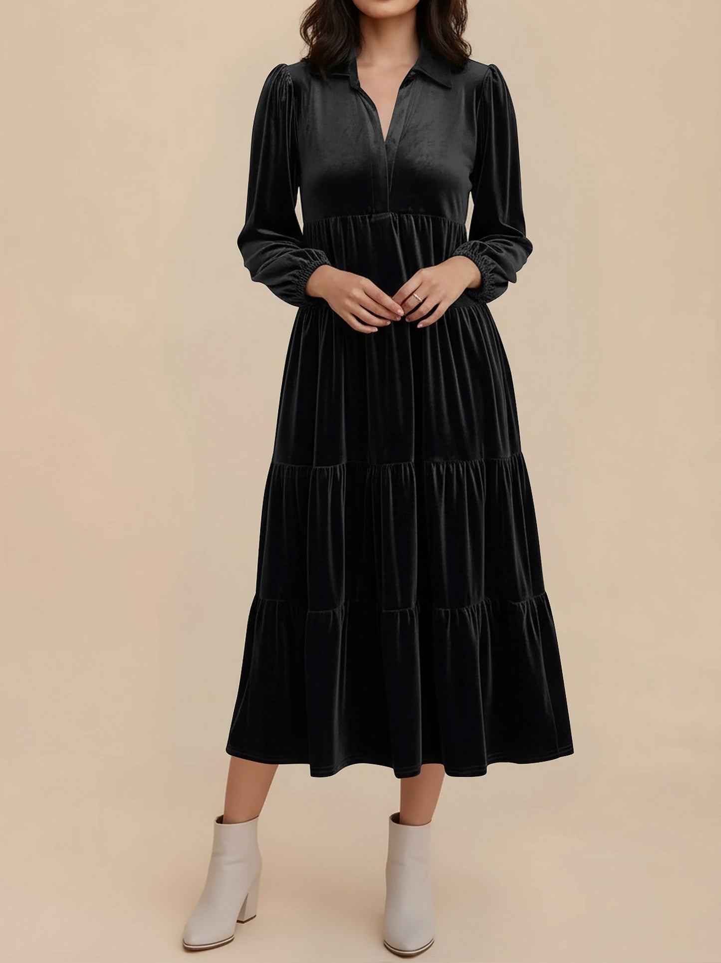 Velvet Collared Tiered Maxi Dress