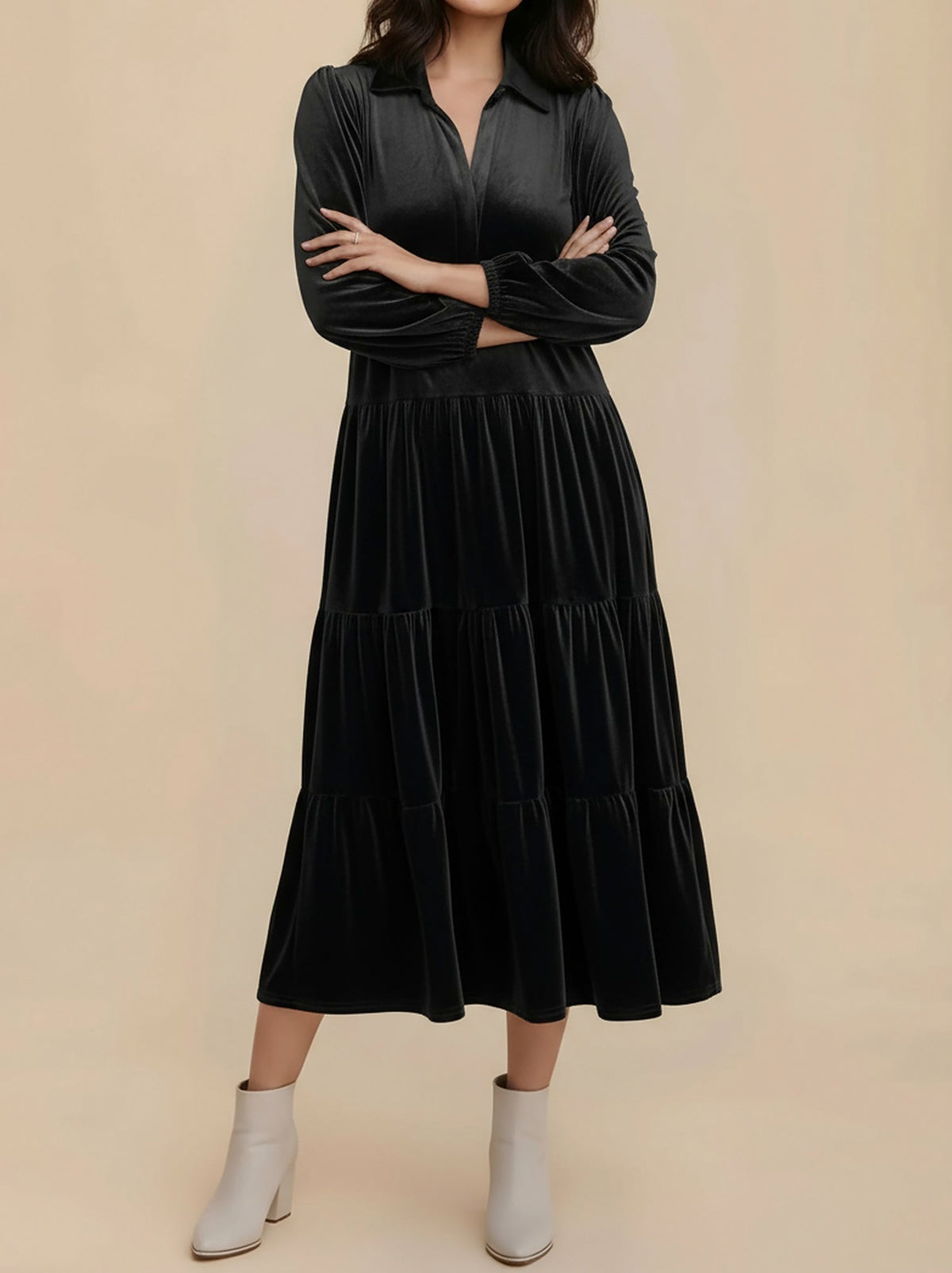 Velvet Collared Tiered Maxi Dress