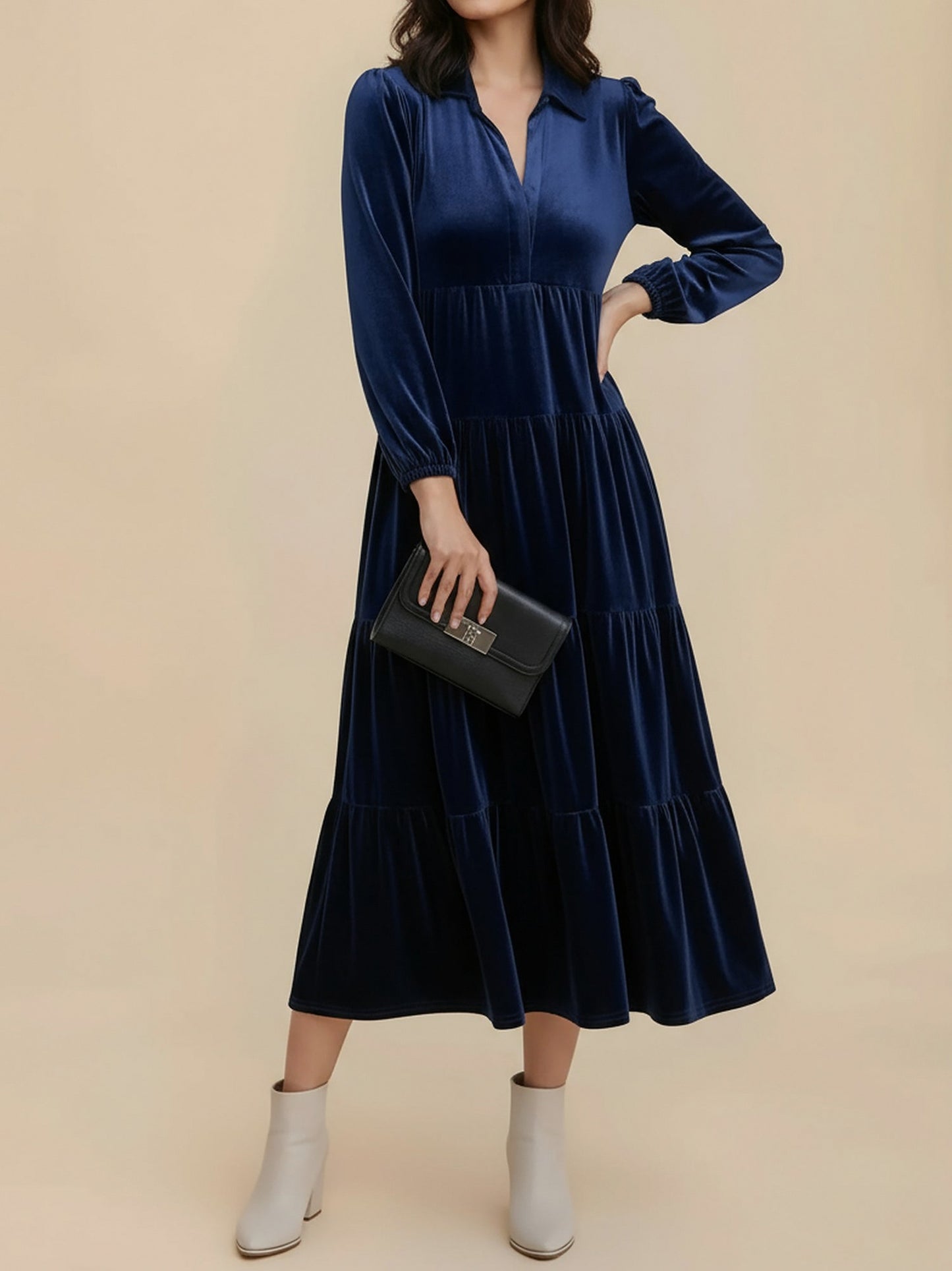 Velvet Collared Tiered Maxi Dress