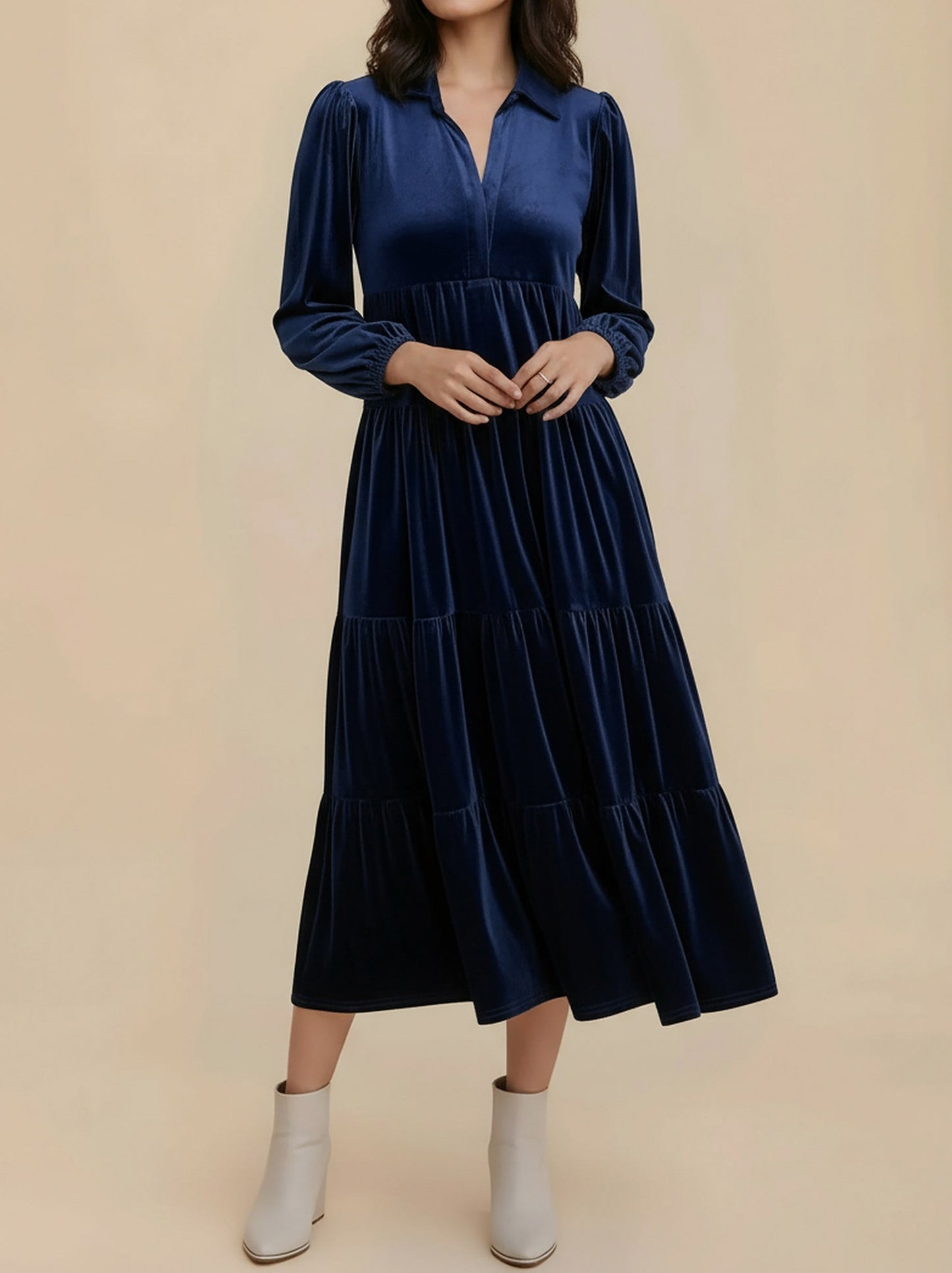 Velvet Collared Tiered Maxi Dress