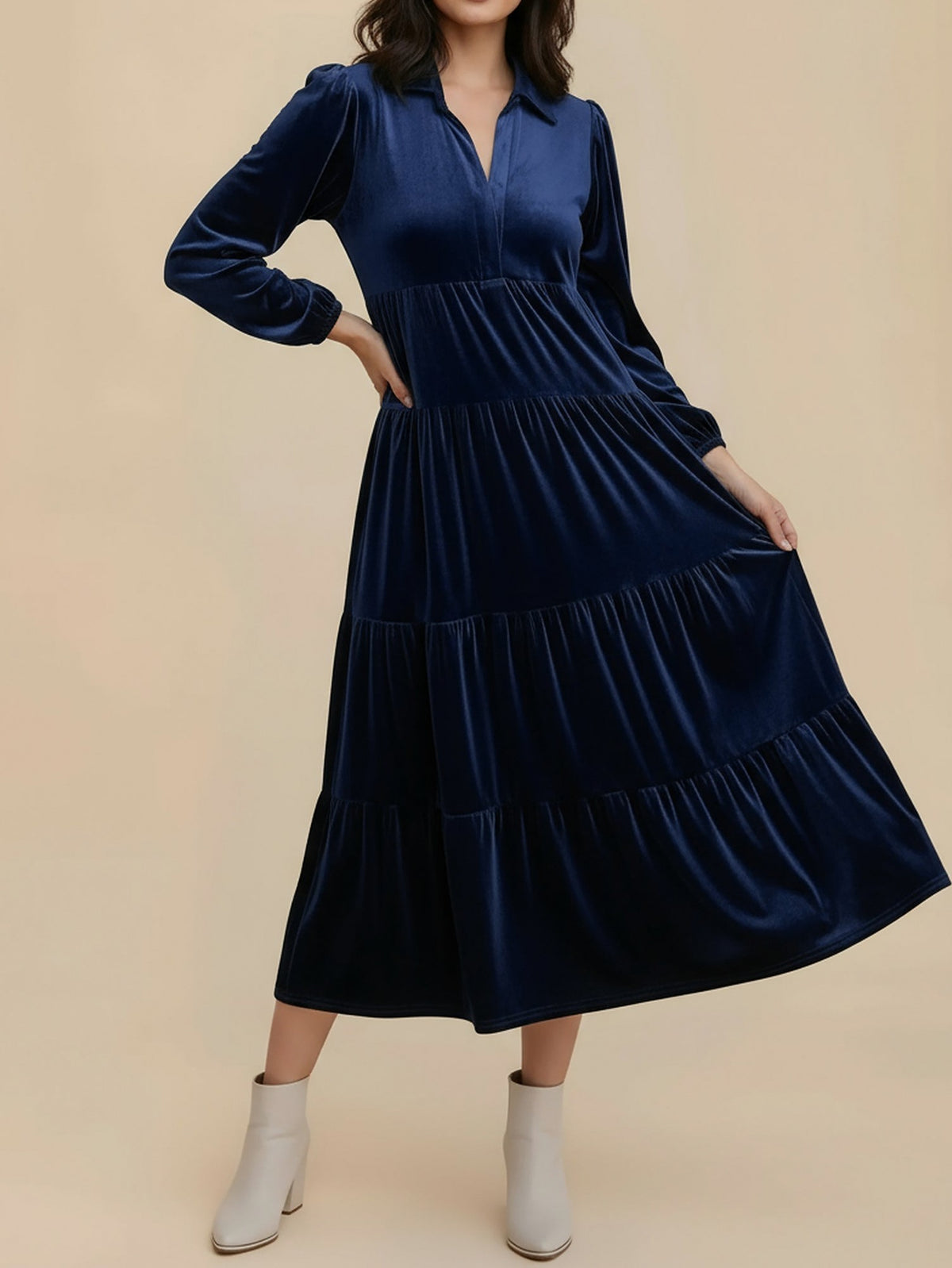 Velvet Collared Tiered Maxi Dress