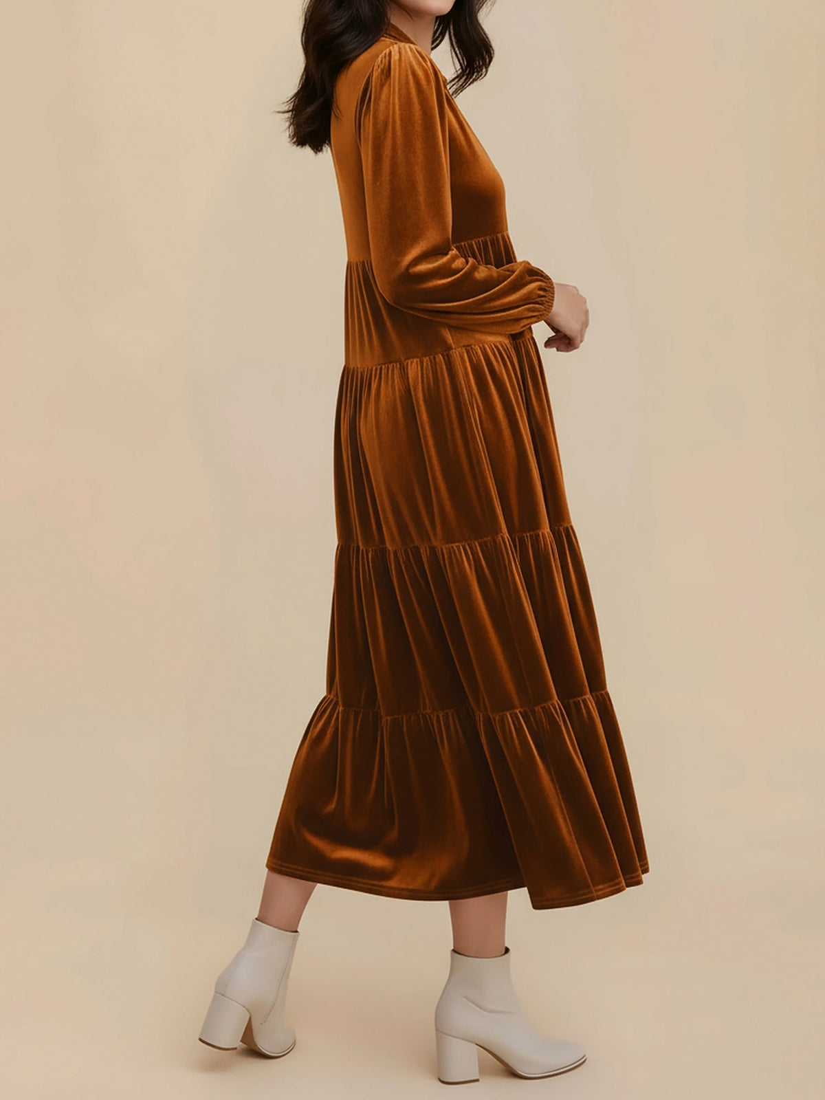 Velvet Collared Tiered Maxi Dress