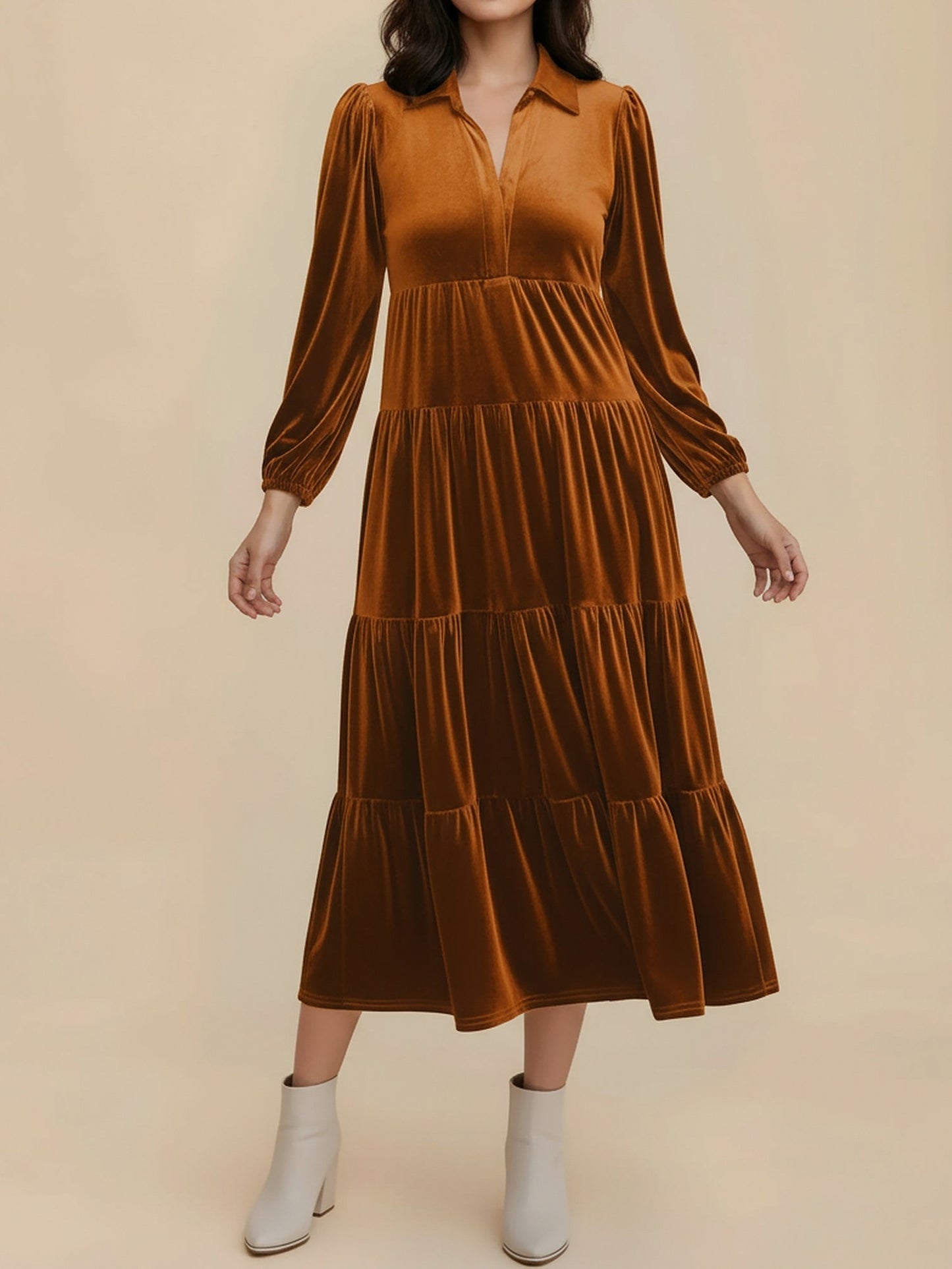 Velvet Collared Tiered Maxi Dress
