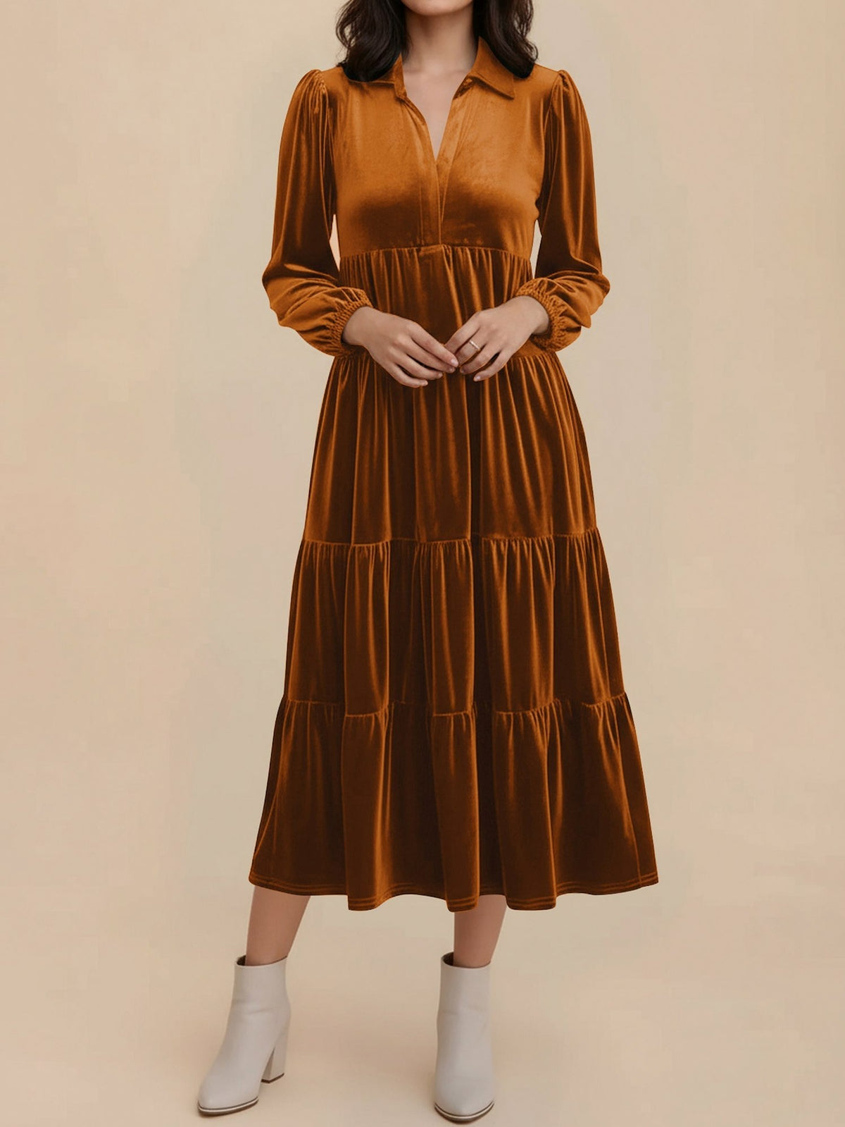Velvet Collared Tiered Maxi Dress