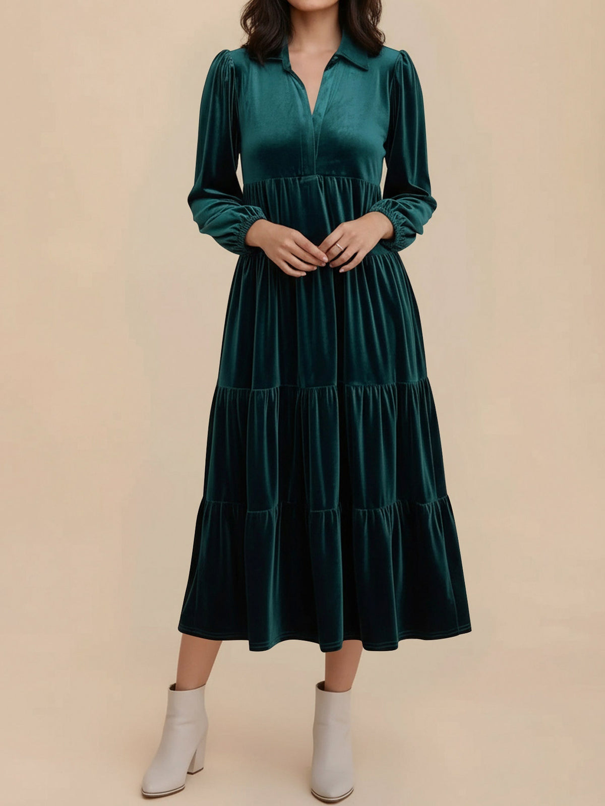 Velvet Collared Tiered Maxi Dress