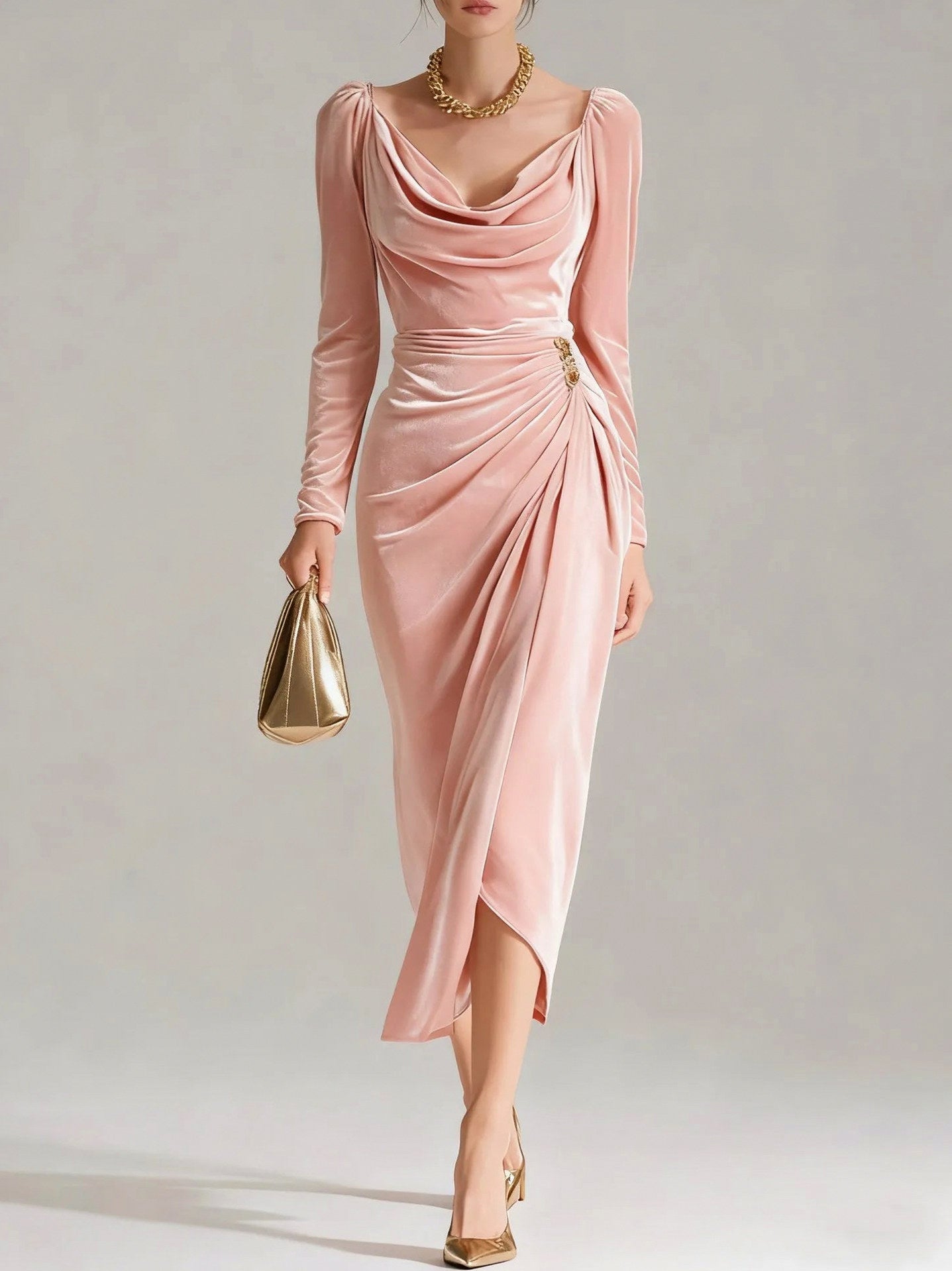 Velvet Cowl Neck Midi Dress