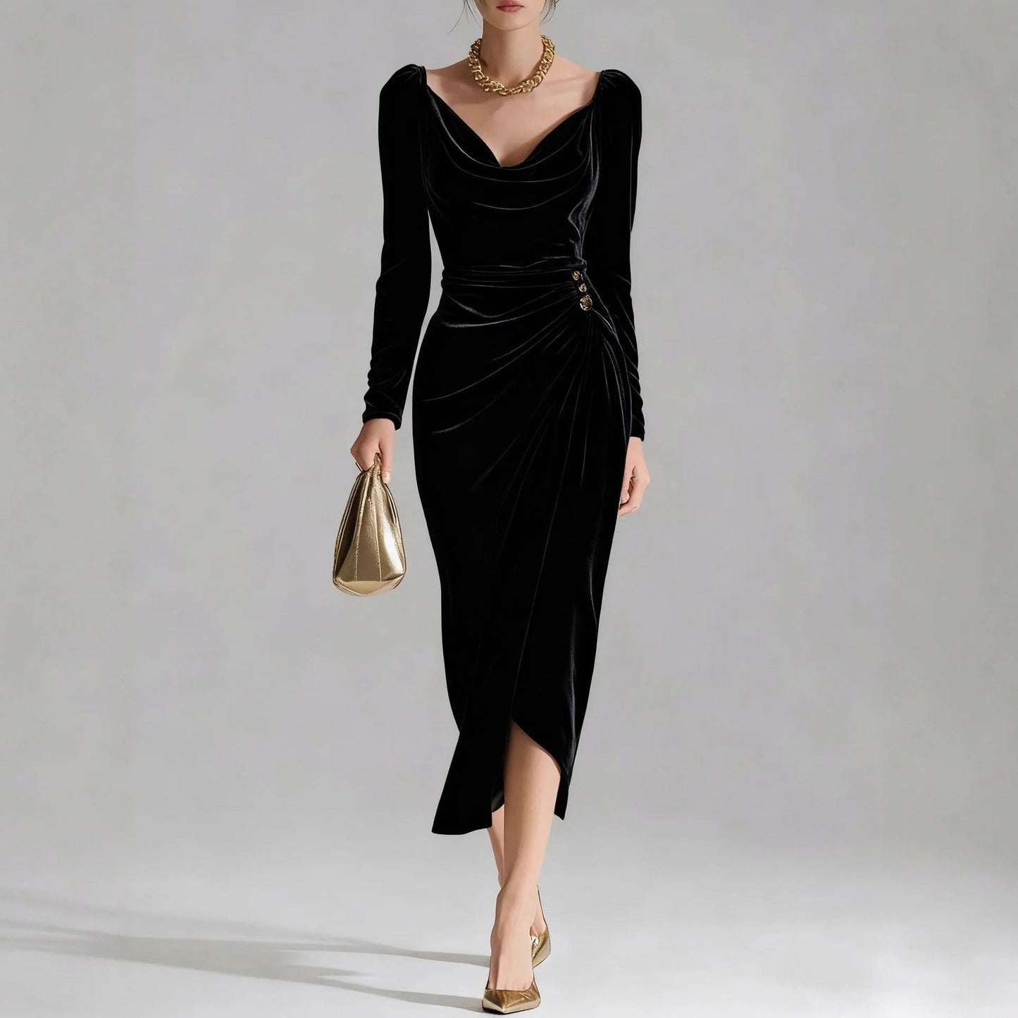 Velvet Cowl Neck Midi Dress