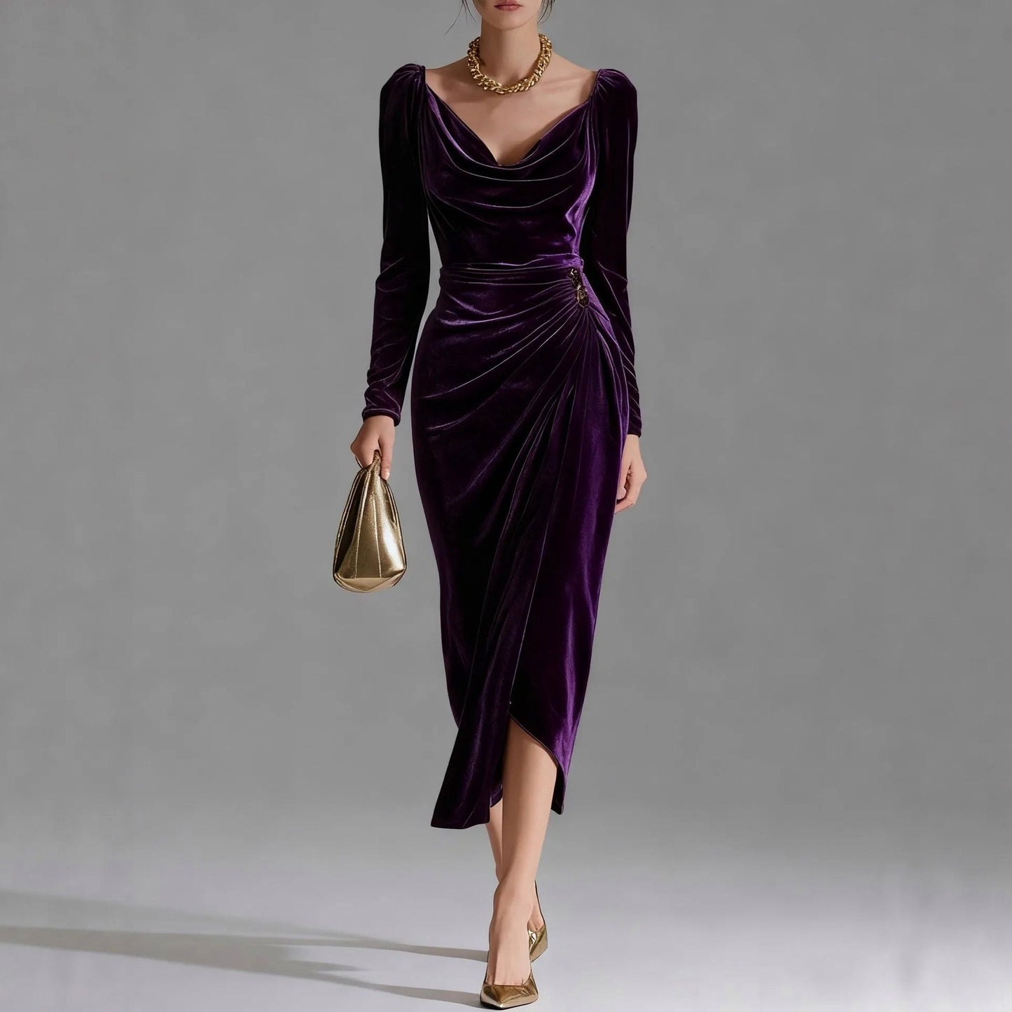 Velvet Cowl Neck Midi Dress