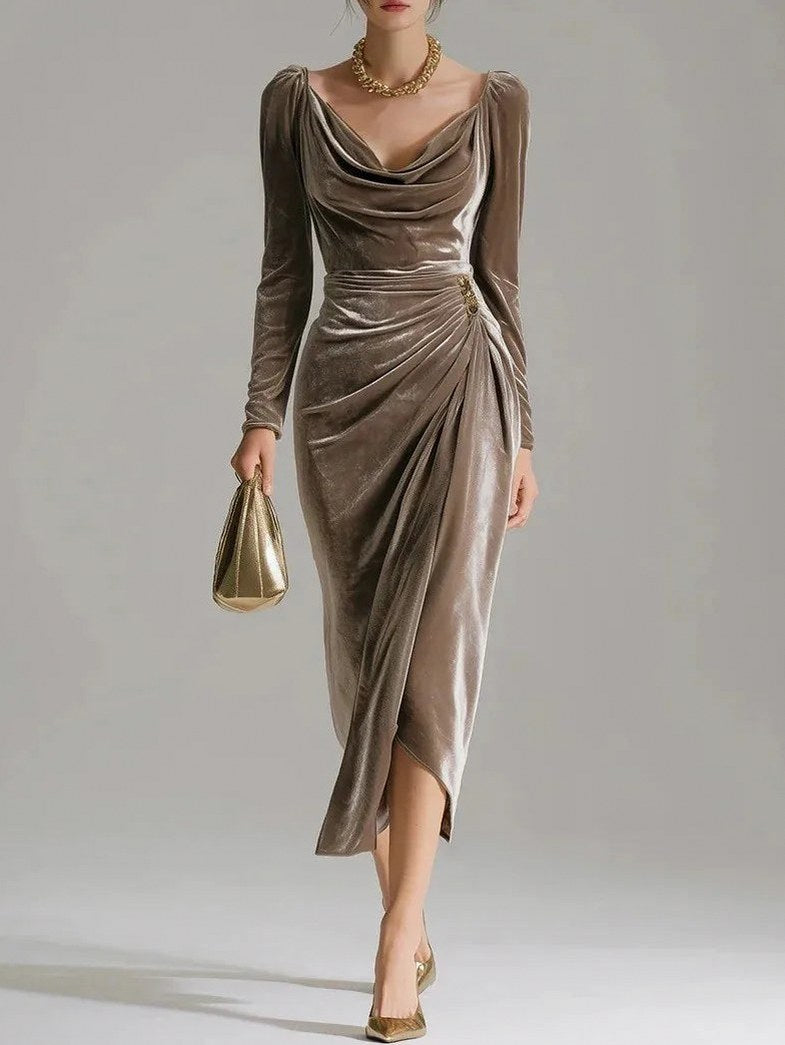Velvet Cowl Neck Midi Dress