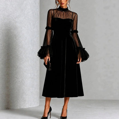 Velvet Mesh Sleeve Midi Dress