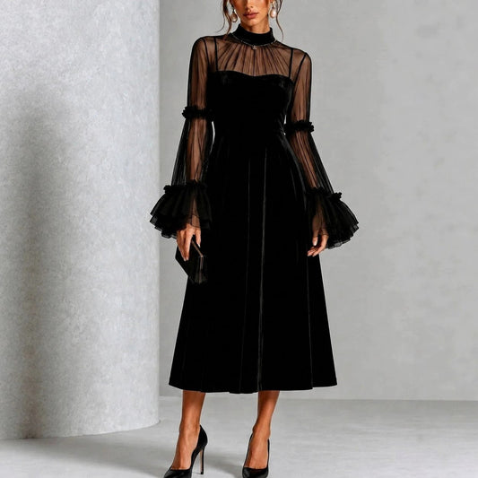 Velvet Mesh Sleeve Midi Dress