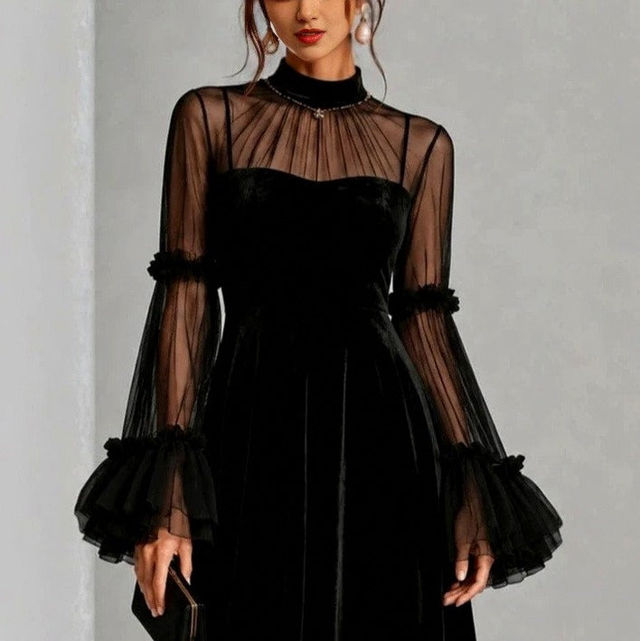 Velvet Mesh Sleeve Midi Dress