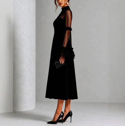 Velvet Mesh Sleeve Midi Dress