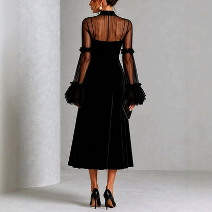 Velvet Mesh Sleeve Midi Dress