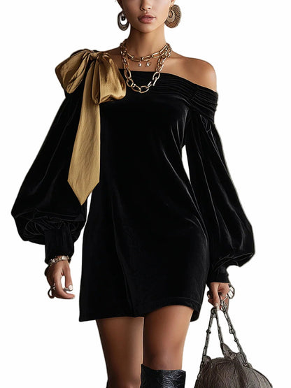 Velvet One Shoulder Bow Mini Dress