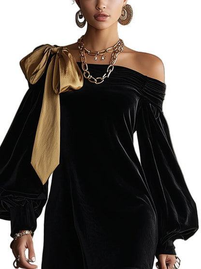 Velvet One Shoulder Bow Mini Dress