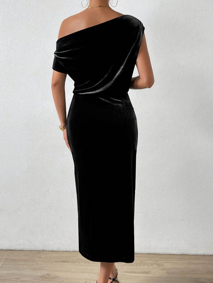 Velvet One Shoulder Draped Midi Dress