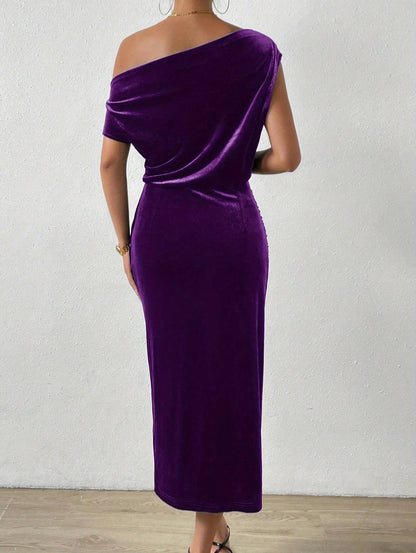 Velvet One Shoulder Draped Midi Dress