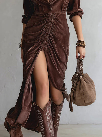 Velvet Ruched Maxi Shirt Dress