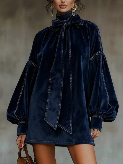 Velvet Tie Neck Balloon Sleeve Mini Dress