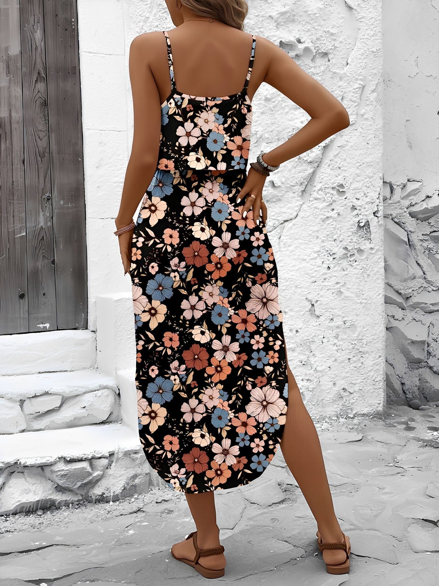 Mixed Colors - Model wearing a lightweight woven strappy midi dress with an abstract vertical pattern, adjustable waist tie, and side split, standing outdoors against a white textured wall.