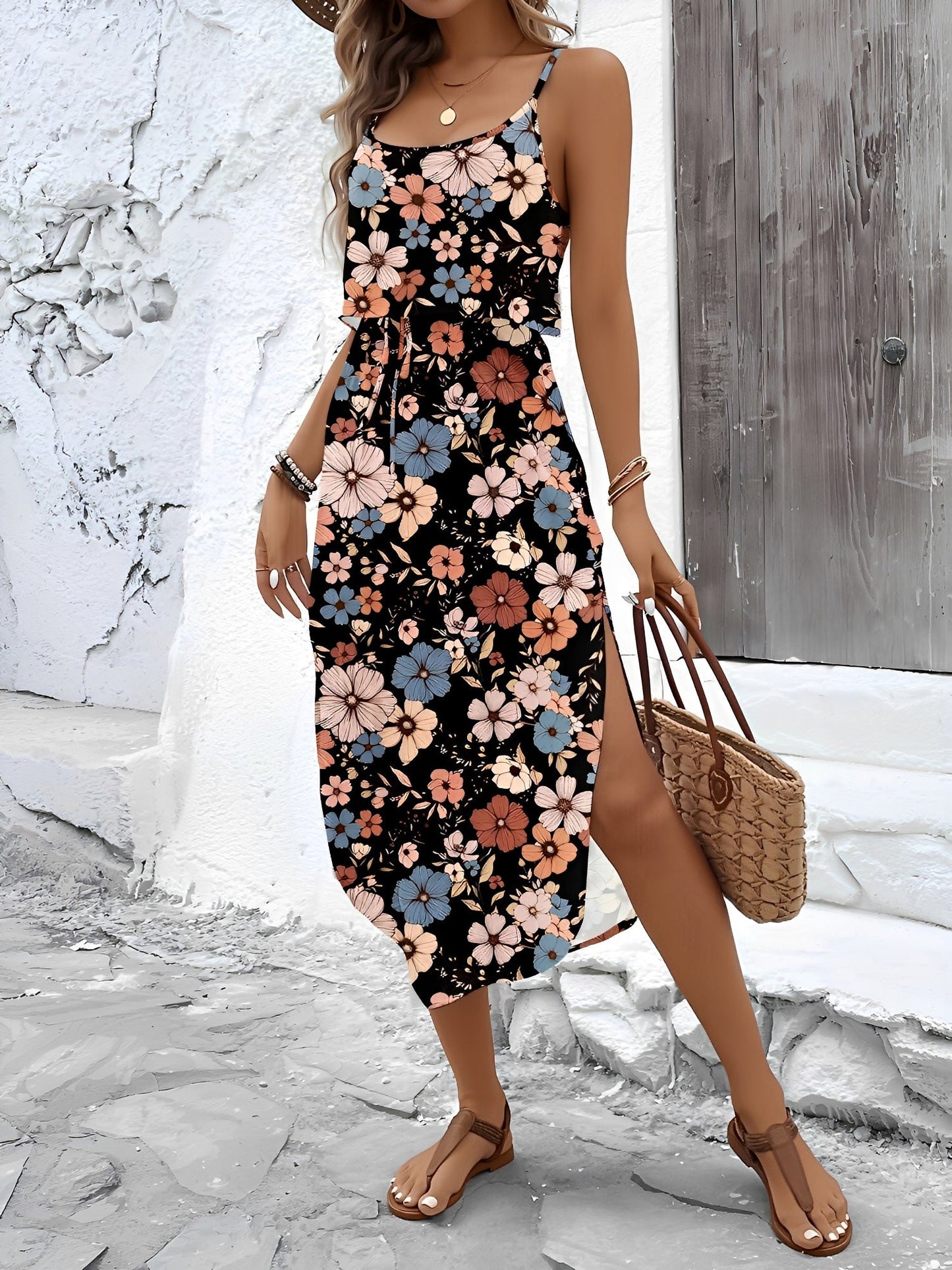 Mixed Colors - Model wearing a lightweight woven strappy midi dress with an abstract vertical pattern, adjustable waist tie, and side split, standing outdoors against a white textured wall.