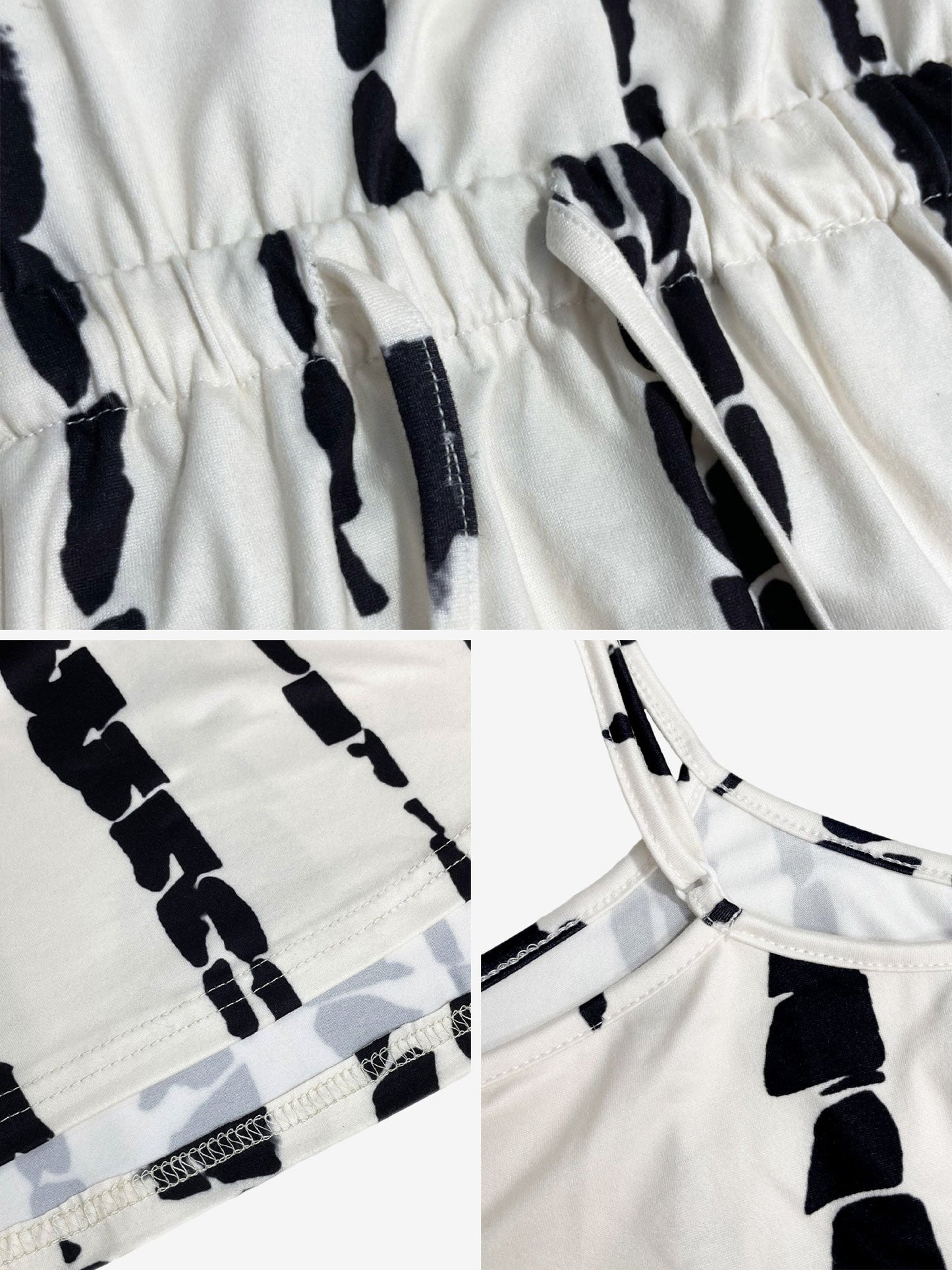 White - Model wearing a lightweight woven strappy midi dress with an abstract vertical pattern, adjustable waist tie, and side split, standing outdoors against a white textured wall.