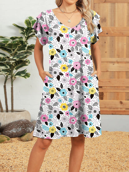 White - Woman wearing a lightweight woven animal-print shift dress with a V-neckline and short flutter sleeves, styled with a woven bag.