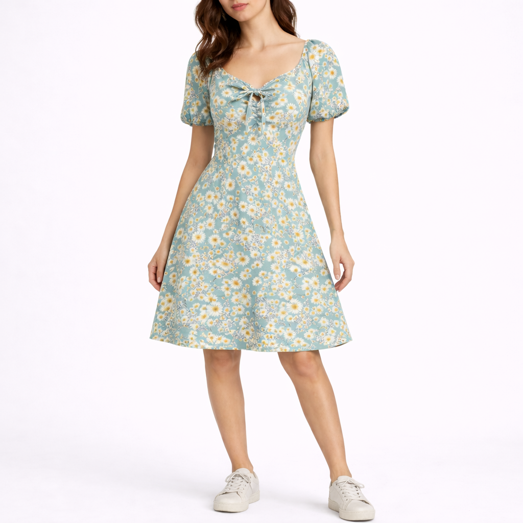 Light green - Woven floral A-line mini dress featuring a sweetheart neckline, tie-front bust detail, and short puff sleeves.