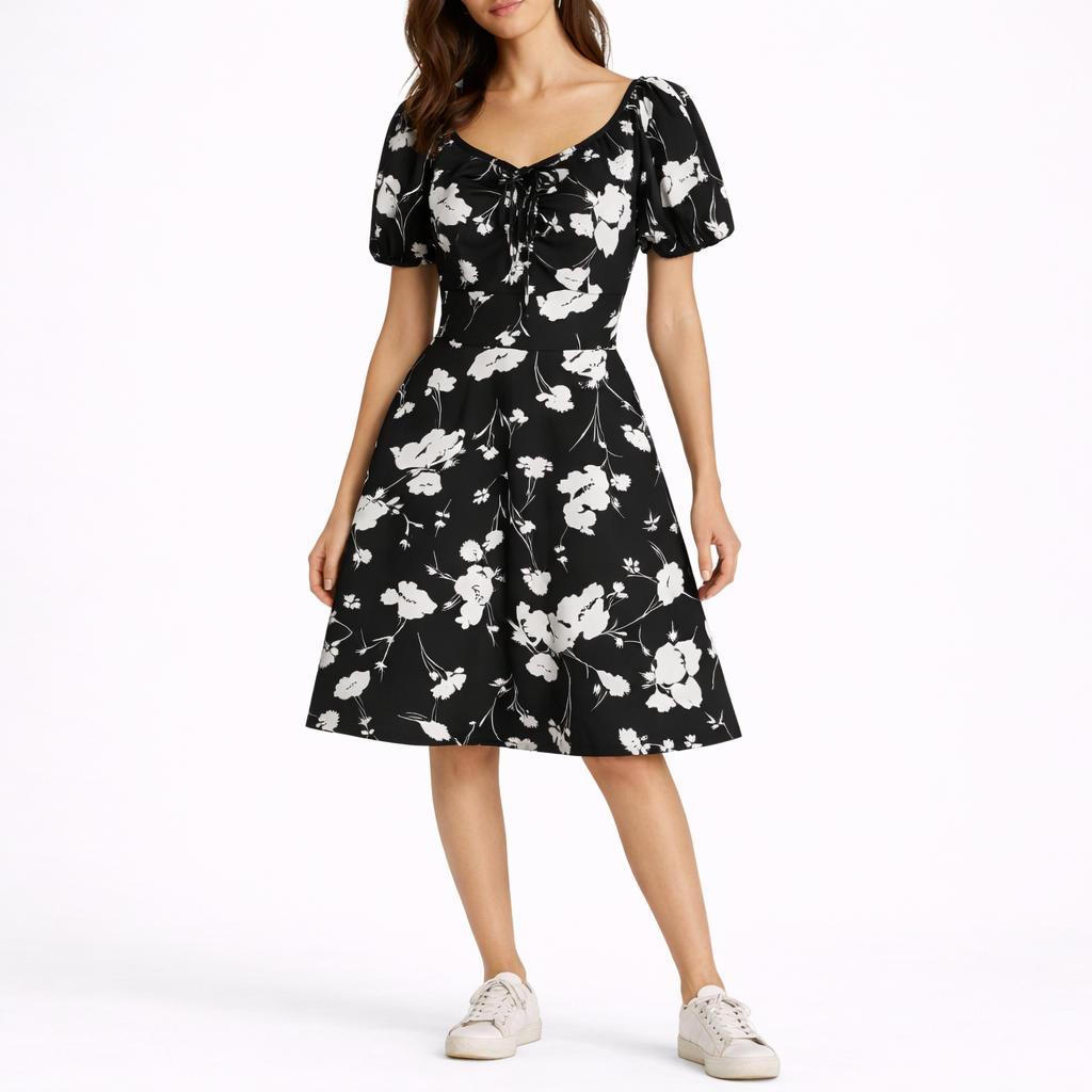 Black - Woven floral A-line mini dress featuring a sweetheart neckline, tie-front bust detail, and short puff sleeves.