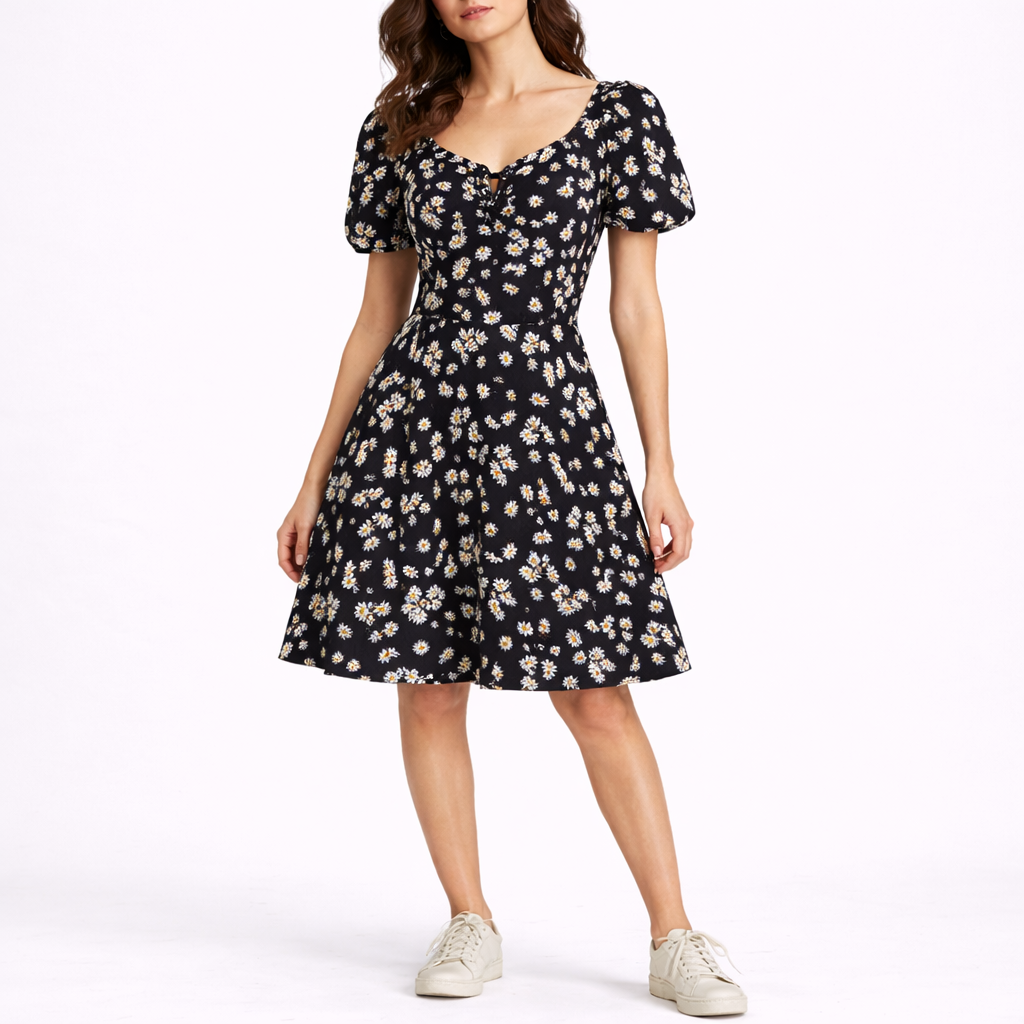 Floral Black - Woven floral A-line mini dress featuring a sweetheart neckline, tie-front bust detail, and short puff sleeves.