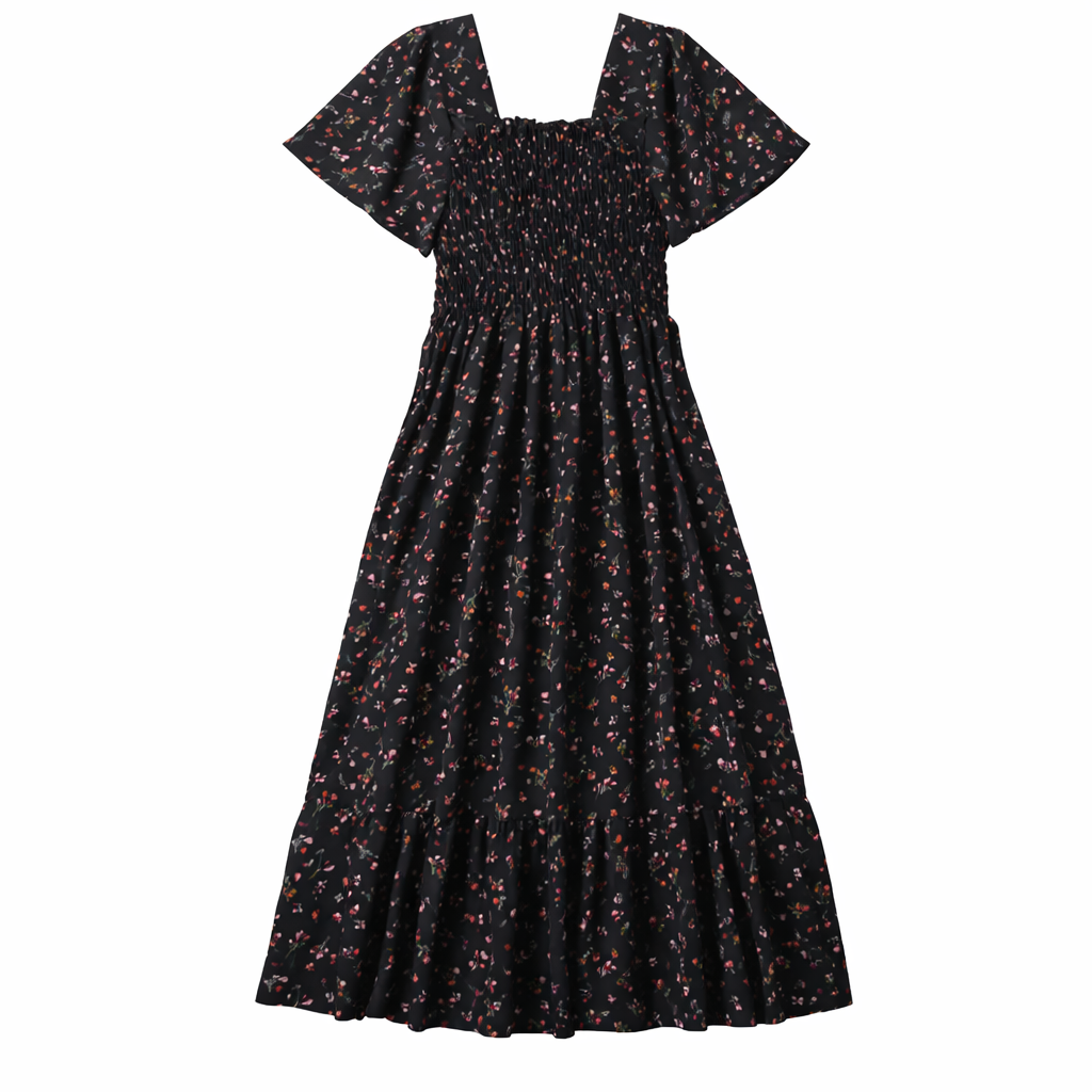 Black - Model wearing a woven floral square-neck midi dress with a smocked bodice, short sleeves, and a ruffle hemline.
