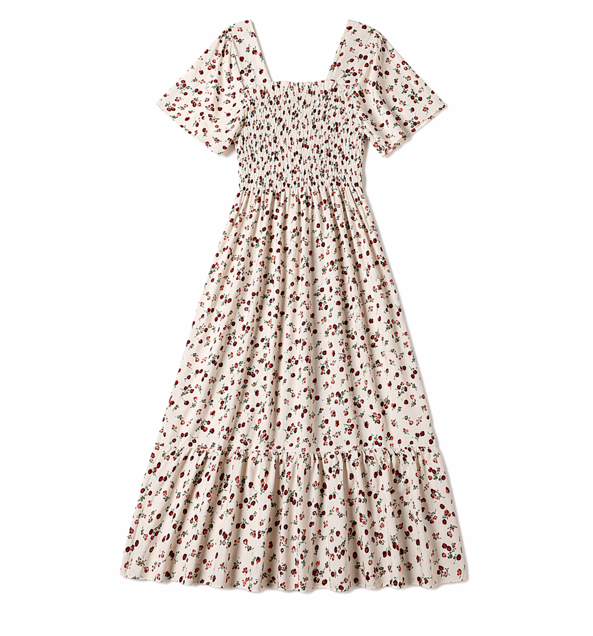 White - Model wearing a woven floral square-neck midi dress with a smocked bodice, short sleeves, and a ruffle hemline.
