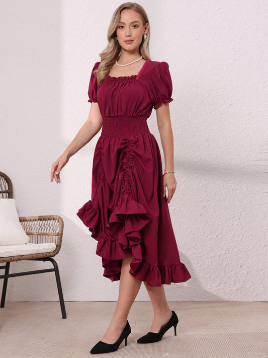 Burgundy - Model wearing a solid woven midi dress featuring a square neckline, short puff sleeves, a wide smocked waist, and a dramatic ruched front with an asymmetrical ruffled hem.